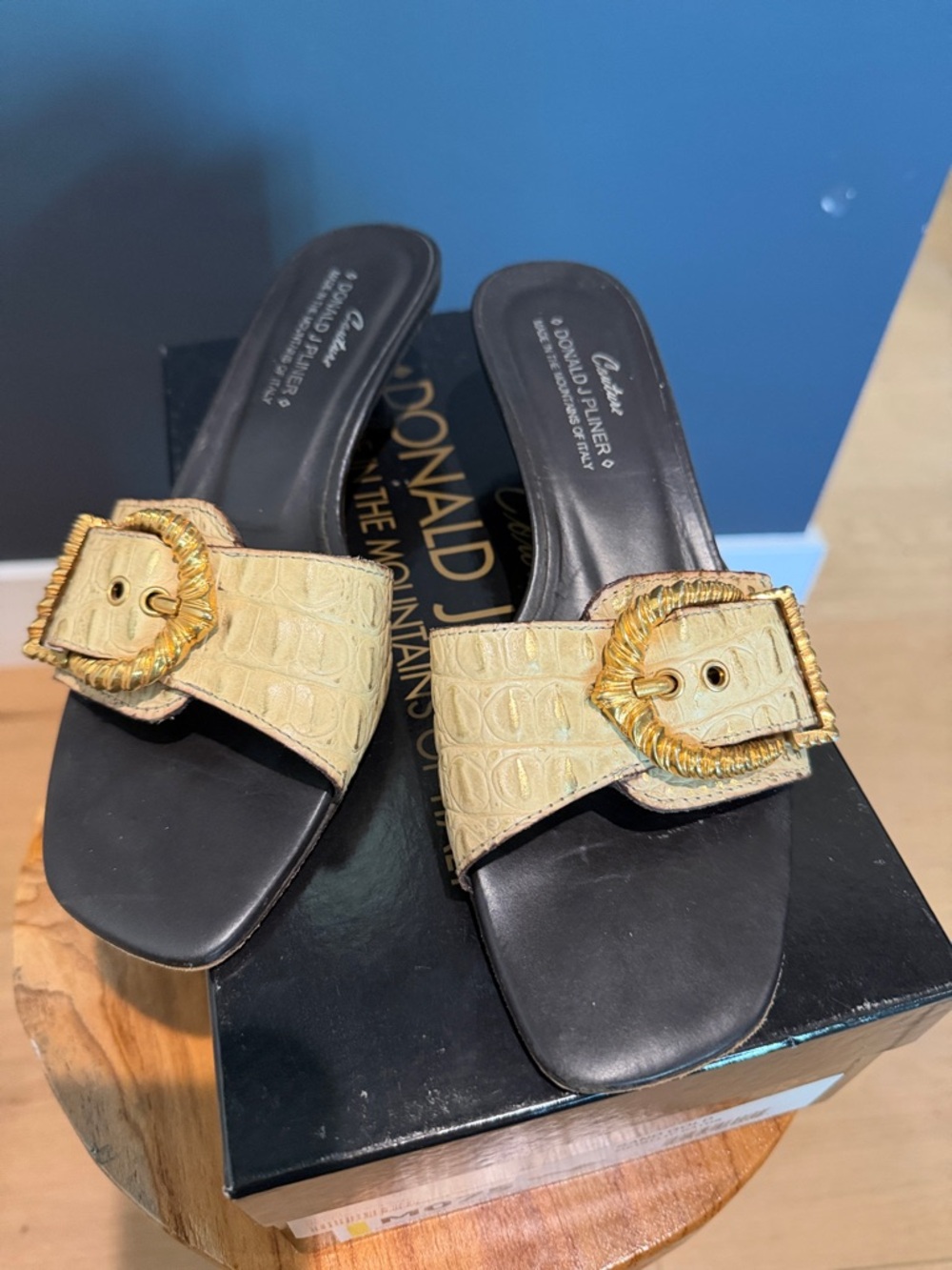 Donald J. Pliner Cream Croc-Embossed Slide Mules with Gold Buckle